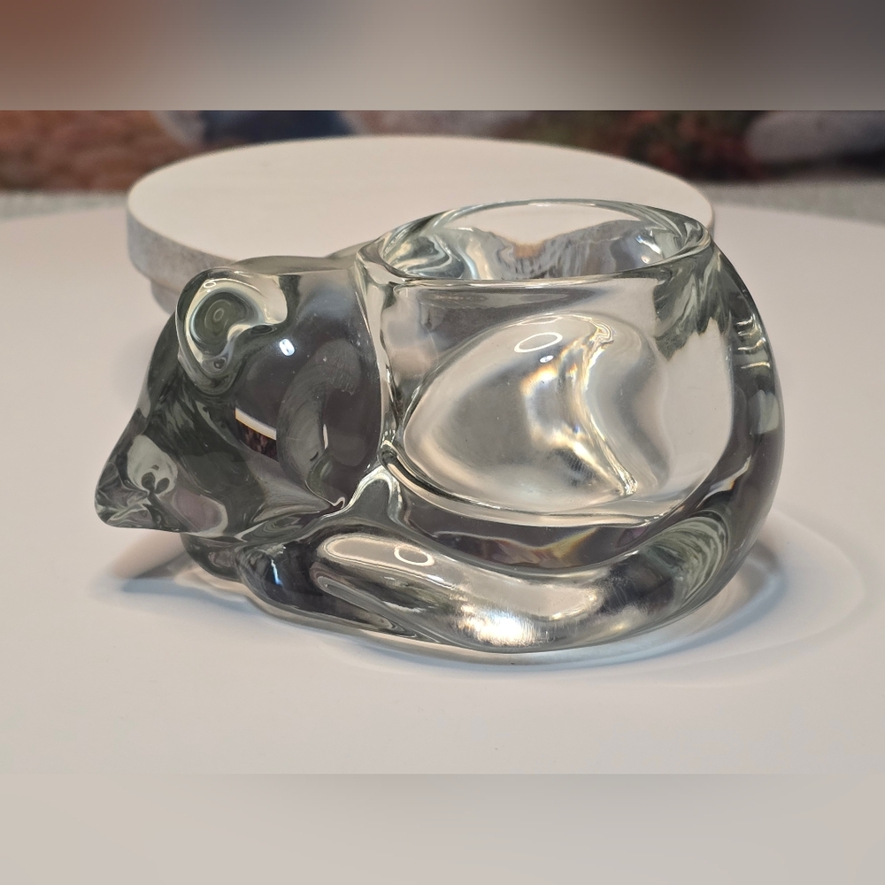 Vintage Sleeping Kitty Cat Clear Glass Candle Holder